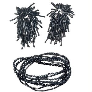 Vintage Black Beaded Tassel Clip-On Earrings and Wrap Bracelet Set
